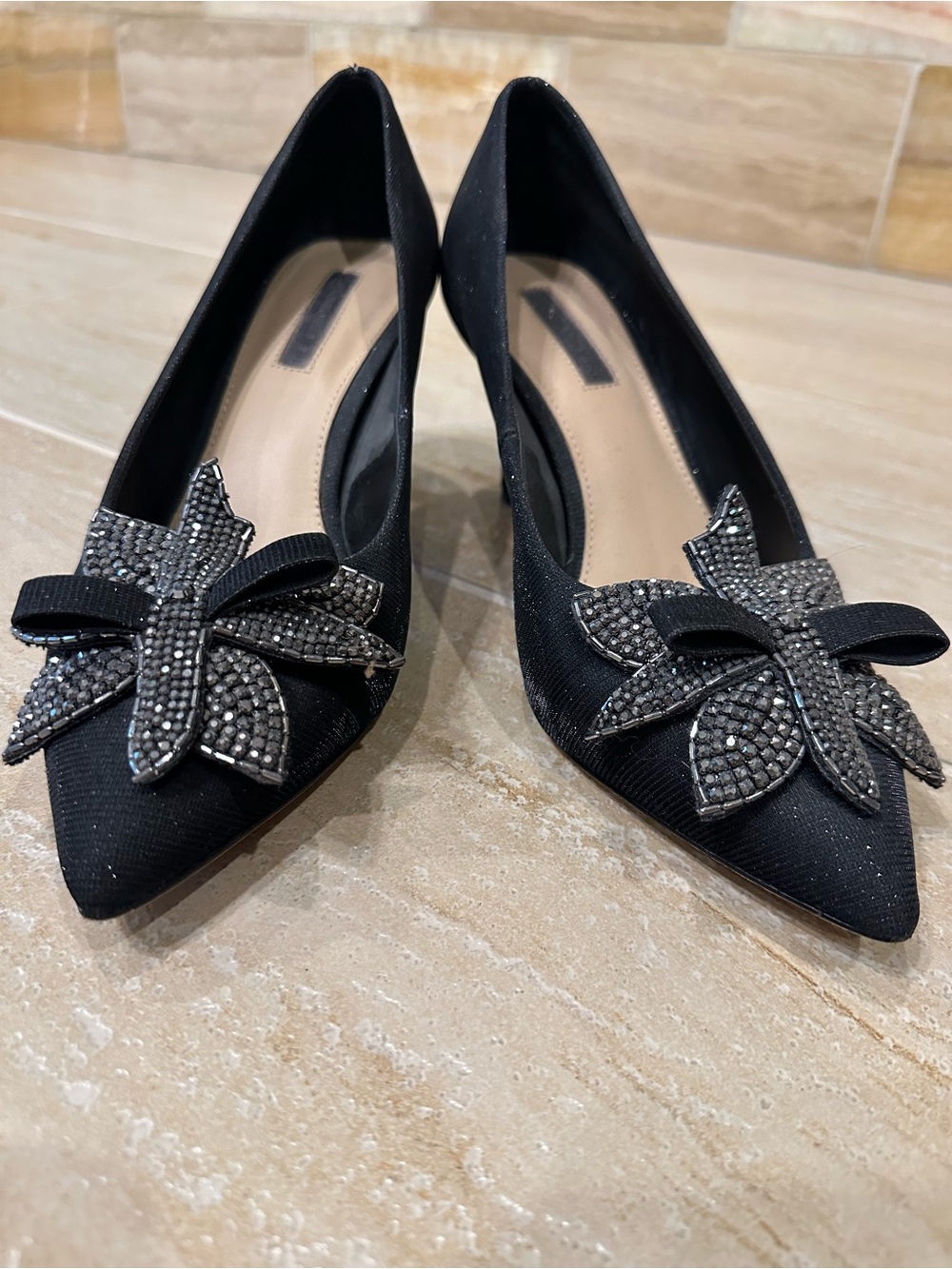 ANTONIO MELANI Black Pointed Toe Heels with Crystal Flower Applique